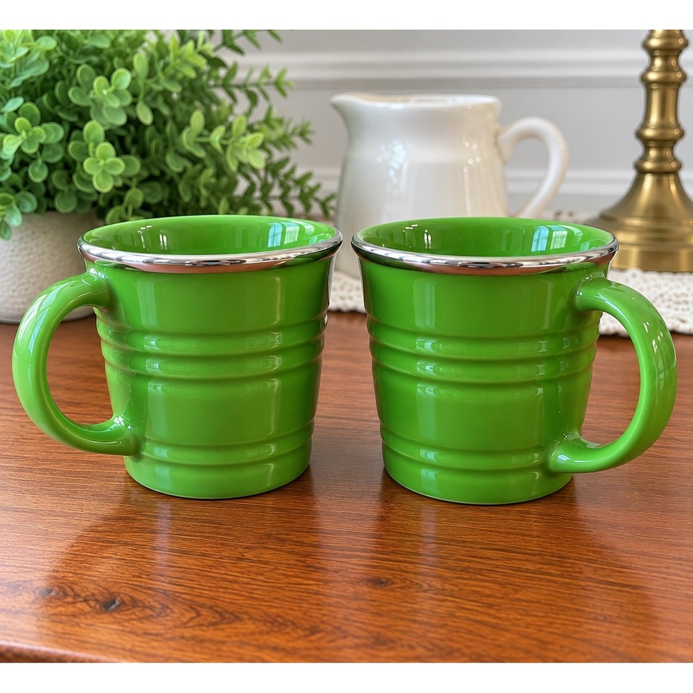 Vintage Starbucks 2007 Lime Green Ribbed Coffee Mugs Set of 2 Silver Rim 14oz